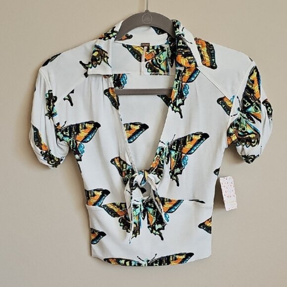 Free People White Butterfly Print Tie-Front Shirt - Picture 1 of 5